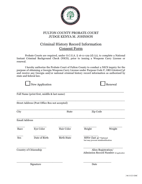 Criminal History Record Information Consent Form - Fulton County, Georgia (United States) Download Pdf