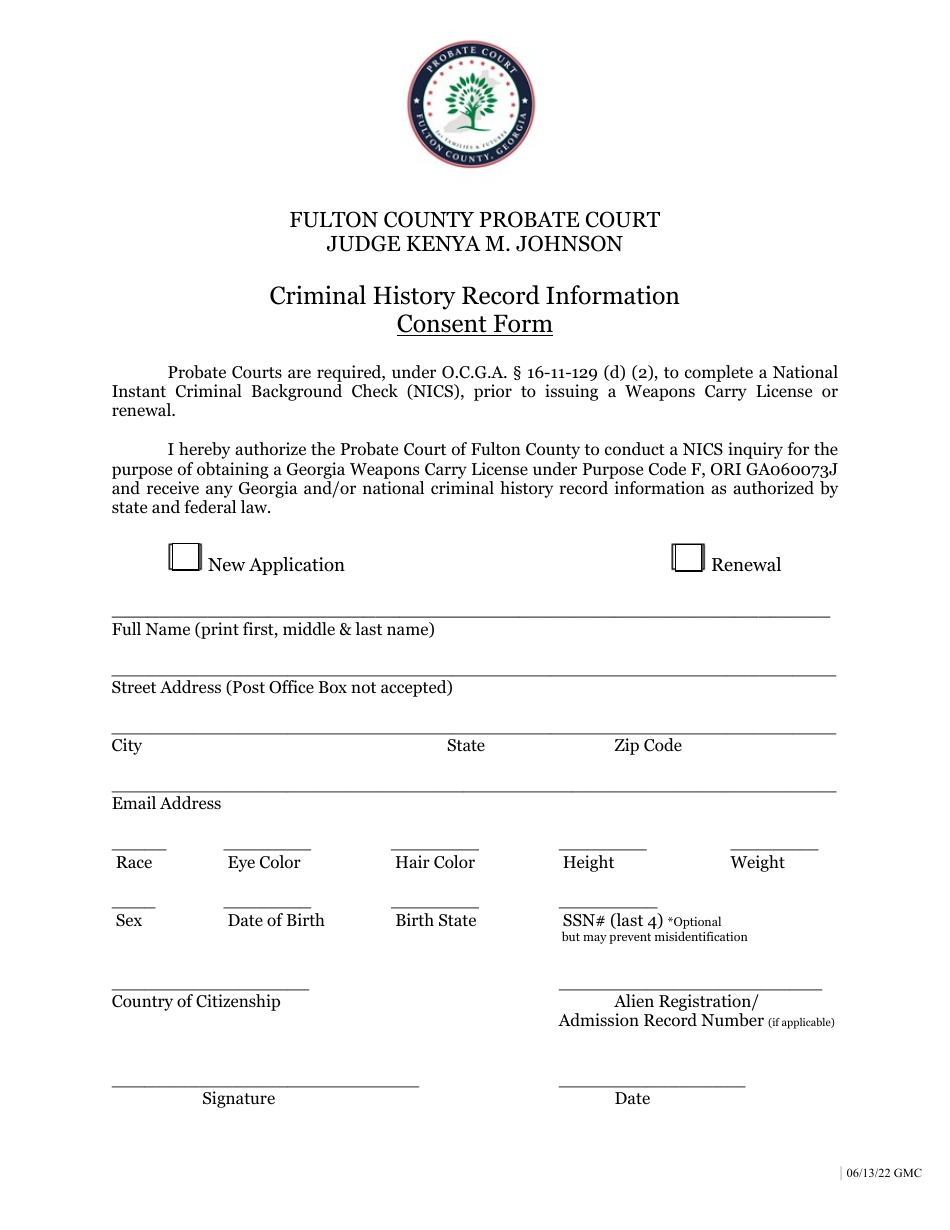 Criminal History Record Information Consent Form - Fulton County, Georgia (United States), Page 1