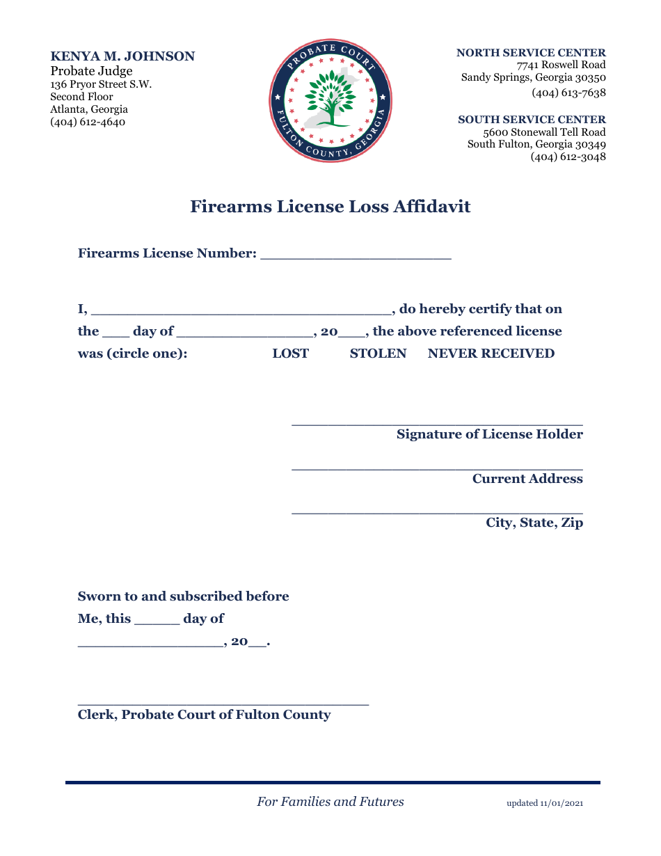 Firearms License Loss Affidavit - Fulton County, Georgia (United States), Page 1