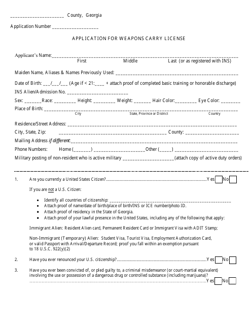 Application for Weapons Carry License - Fulton County, Georgia (United States) Download Pdf