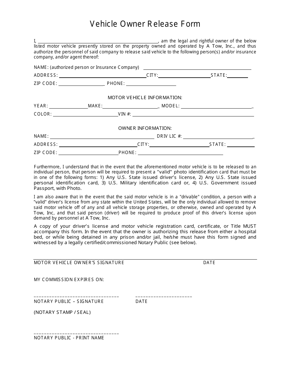Vehicle Owner Release Form - Fulton County, Georgia (United States), Page 1