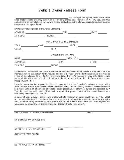 Vehicle Owner Release Form - Fulton County, Georgia (United States) Download Pdf