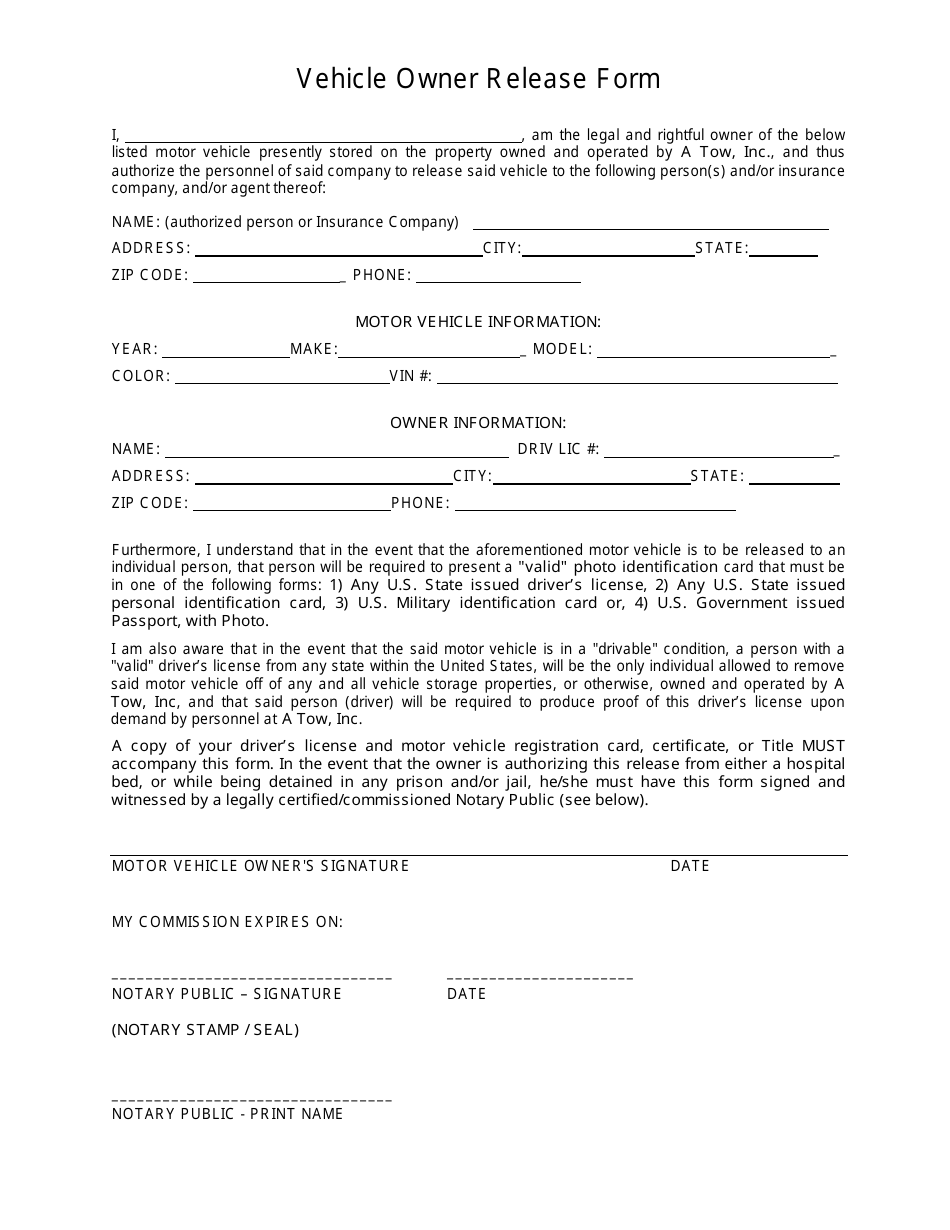 Fulton County, (United States) Vehicle Owner Release Form