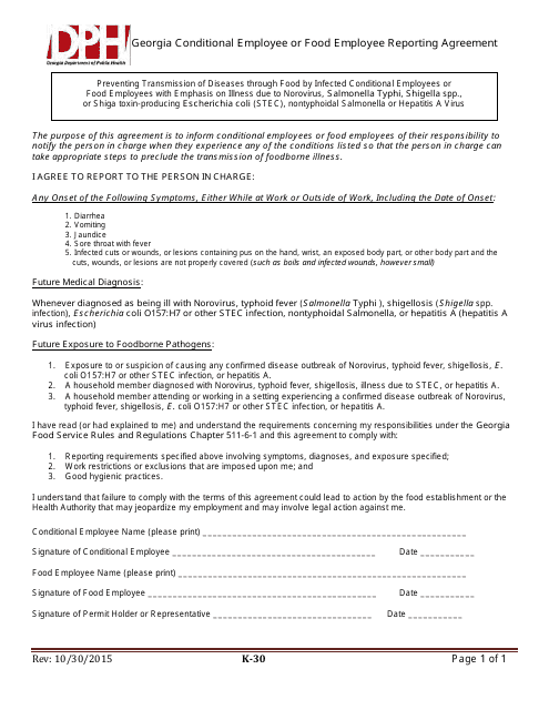 Form K-30 Georgia Conditional Employee or Food Employee Reporting Agreement - Georgia (United States)