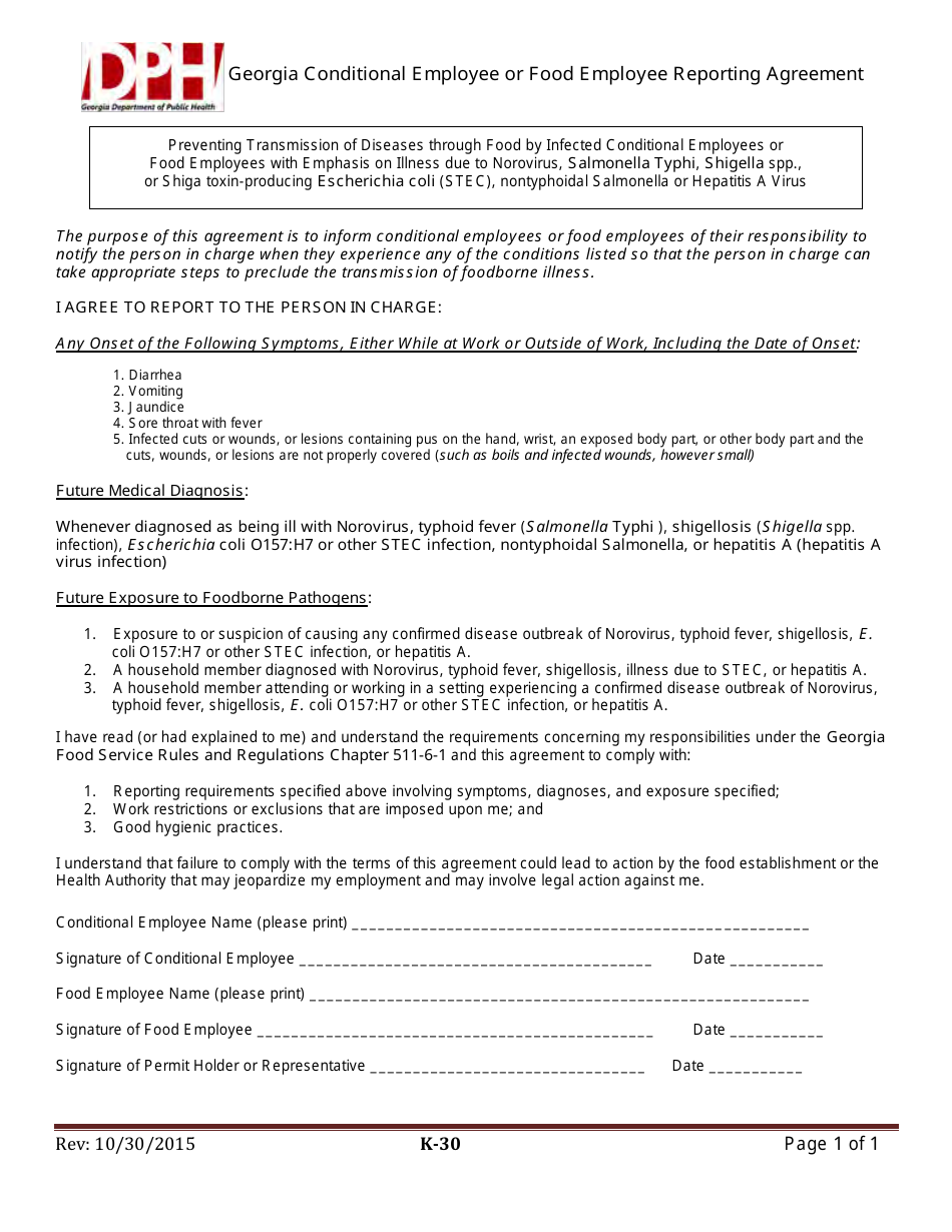 Form K-30 Georgia Conditional Employee or Food Employee Reporting Agreement - Georgia (United States), Page 1