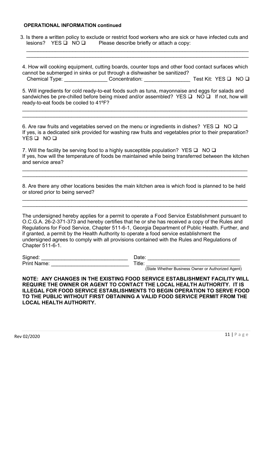Permit Application for Food Service Establishments and Mobile / Extended Food Service Base of Operations - Georgia (United States), Page 11