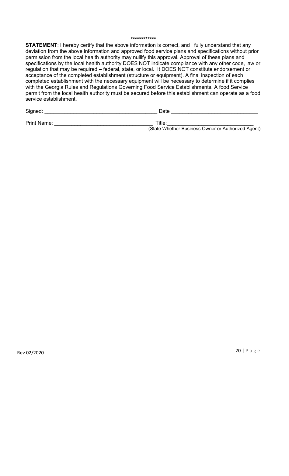 Permit Application for Food Service Establishments and Mobile / Extended Food Service Base of Operations - Georgia (United States), Page 20