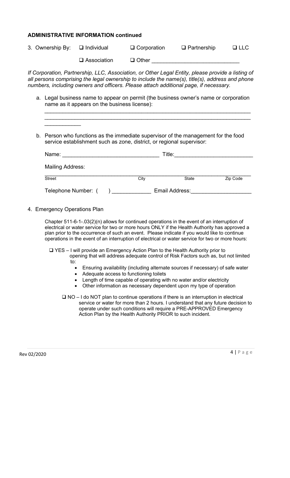 Permit Application for Food Service Establishments and Mobile / Extended Food Service Base of Operations - Georgia (United States), Page 4