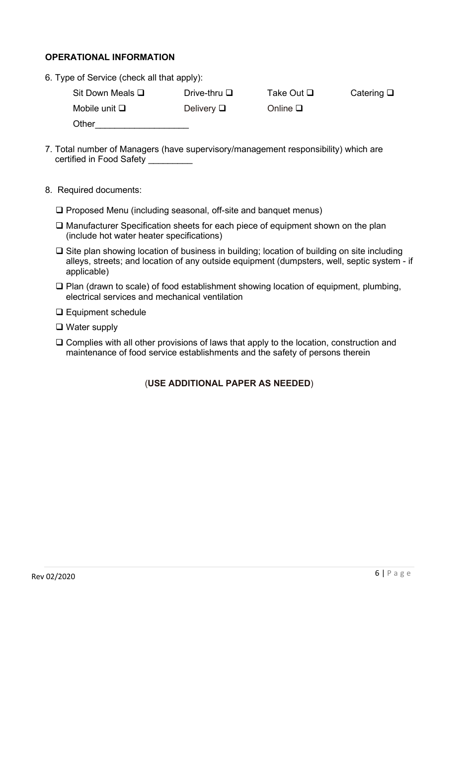 Permit Application for Food Service Establishments and Mobile / Extended Food Service Base of Operations - Georgia (United States), Page 6