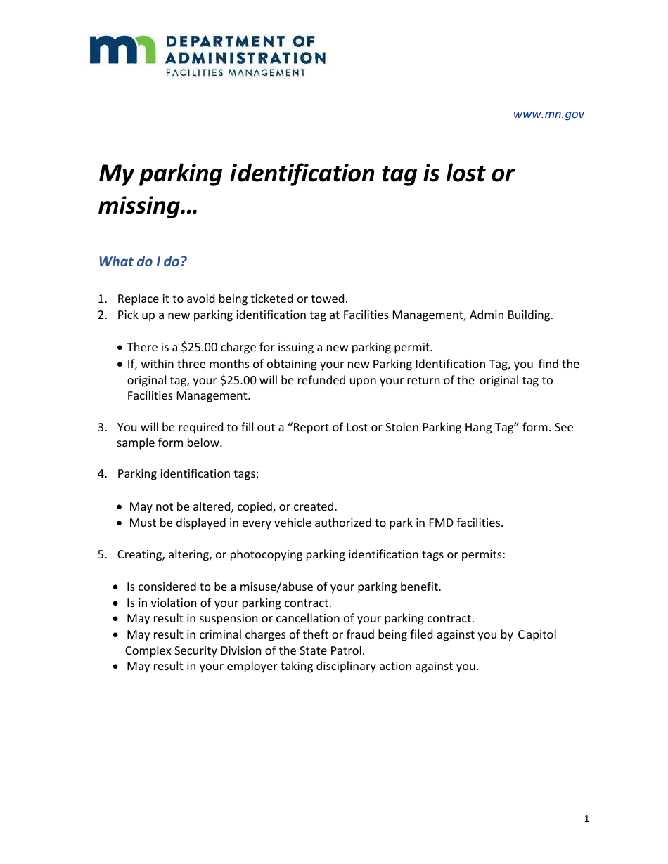Report of Lost or Stolen Parking Hang Tag - Minnesota, Page 1