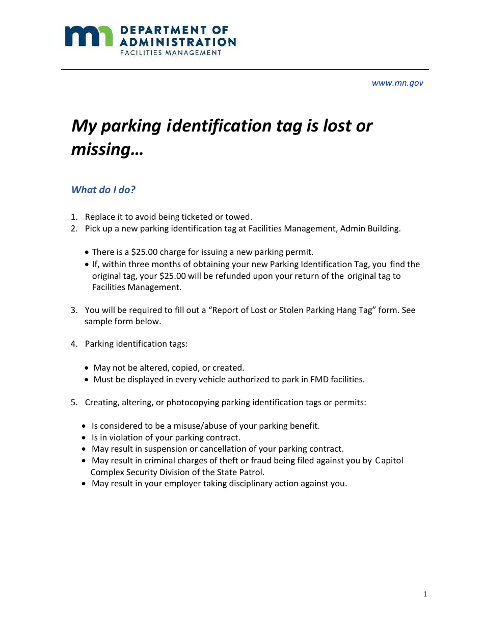 Minnesota Report of Lost or Stolen Parking Hang Tag Fill Out, Sign