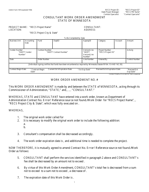 Admin Form 1051 Consultant Work Order Amendment - Minnesota
