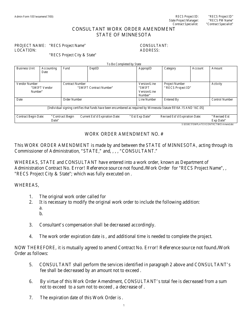 Admin Form 1051 Consultant Work Order Amendment - Minnesota, Page 1