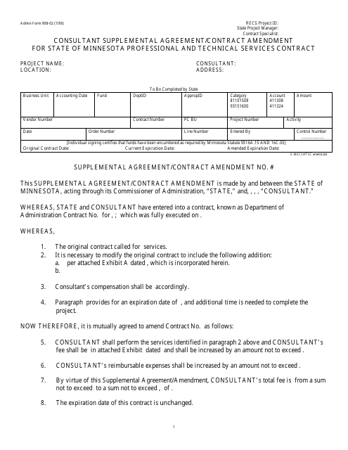 Admin Form 908-02 Consultant Supplemental Agreement/Contract Amendment for State of Minnesota Professional and Technical Services Contract - Minnesota