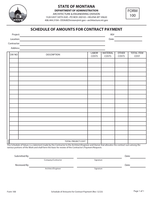 Form 100 Schedule of Amounts for Contract Payment - Montana