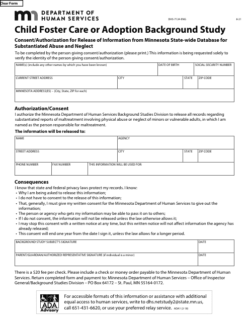 Form DHS-7124-ENG Child Foster Care or Adoption Background Study - Minnesota