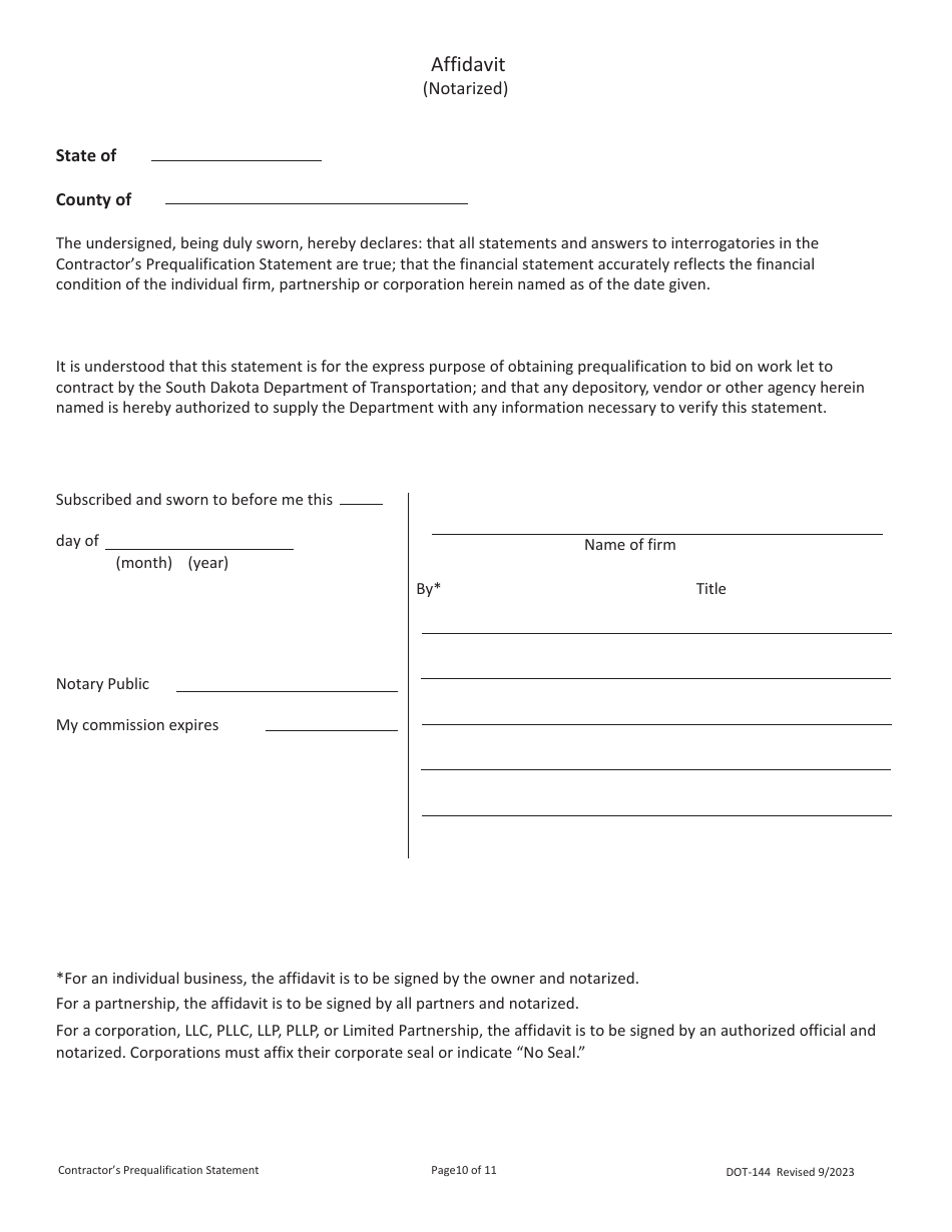SD Form 0945 (DOT-144) Contractors Prequalification Statement - South Dakota, Page 10
