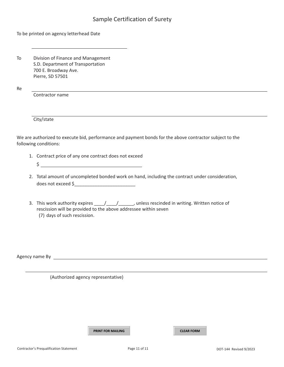 SD Form 0945 (DOT-144) Contractors Prequalification Statement - South Dakota, Page 11
