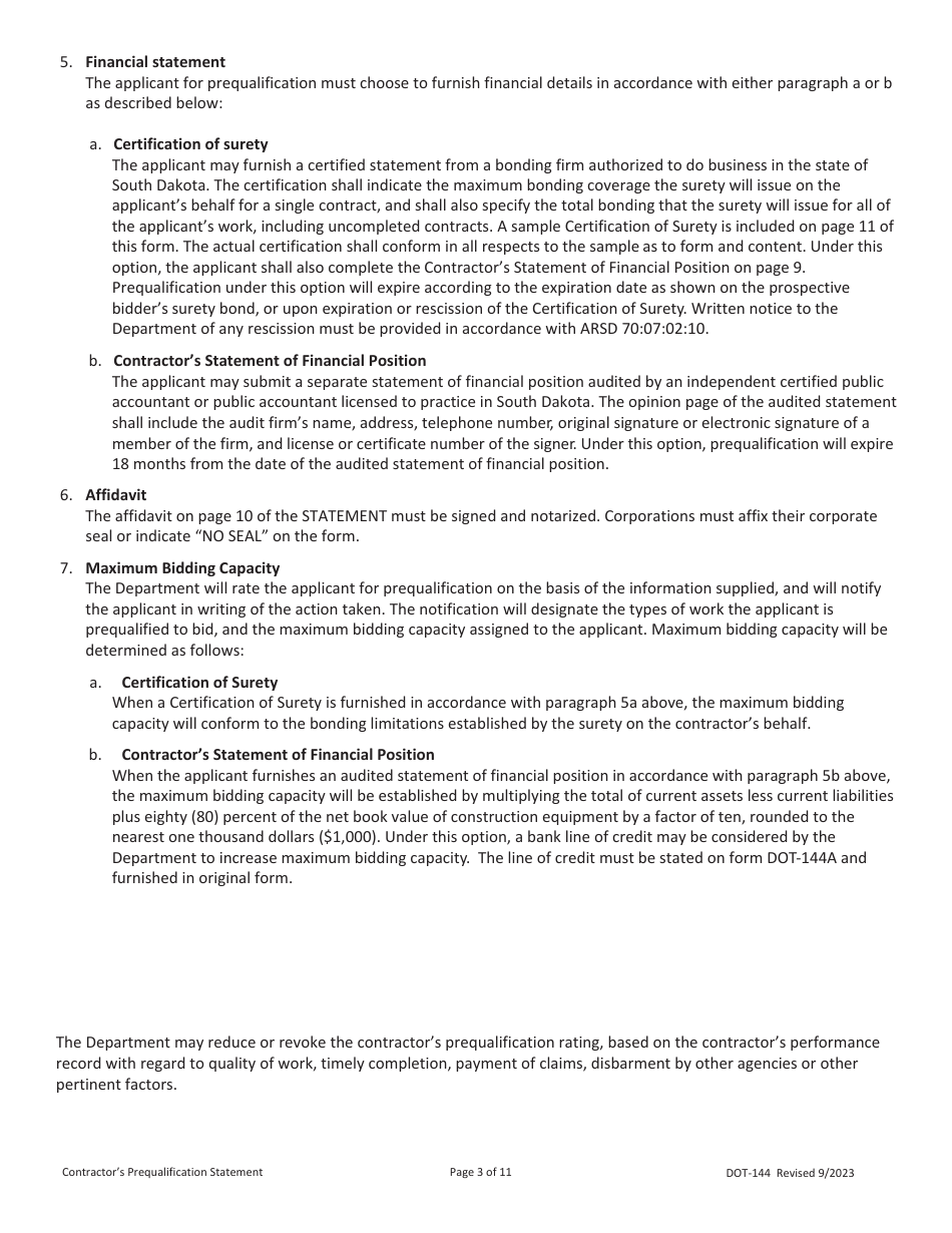 SD Form 0945 (DOT-144) Contractors Prequalification Statement - South Dakota, Page 3