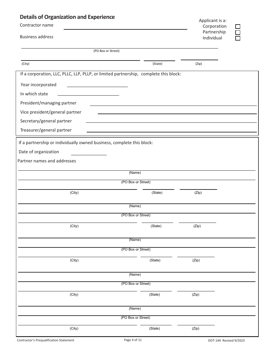 SD Form 0945 (DOT-144) Contractors Prequalification Statement - South Dakota, Page 4