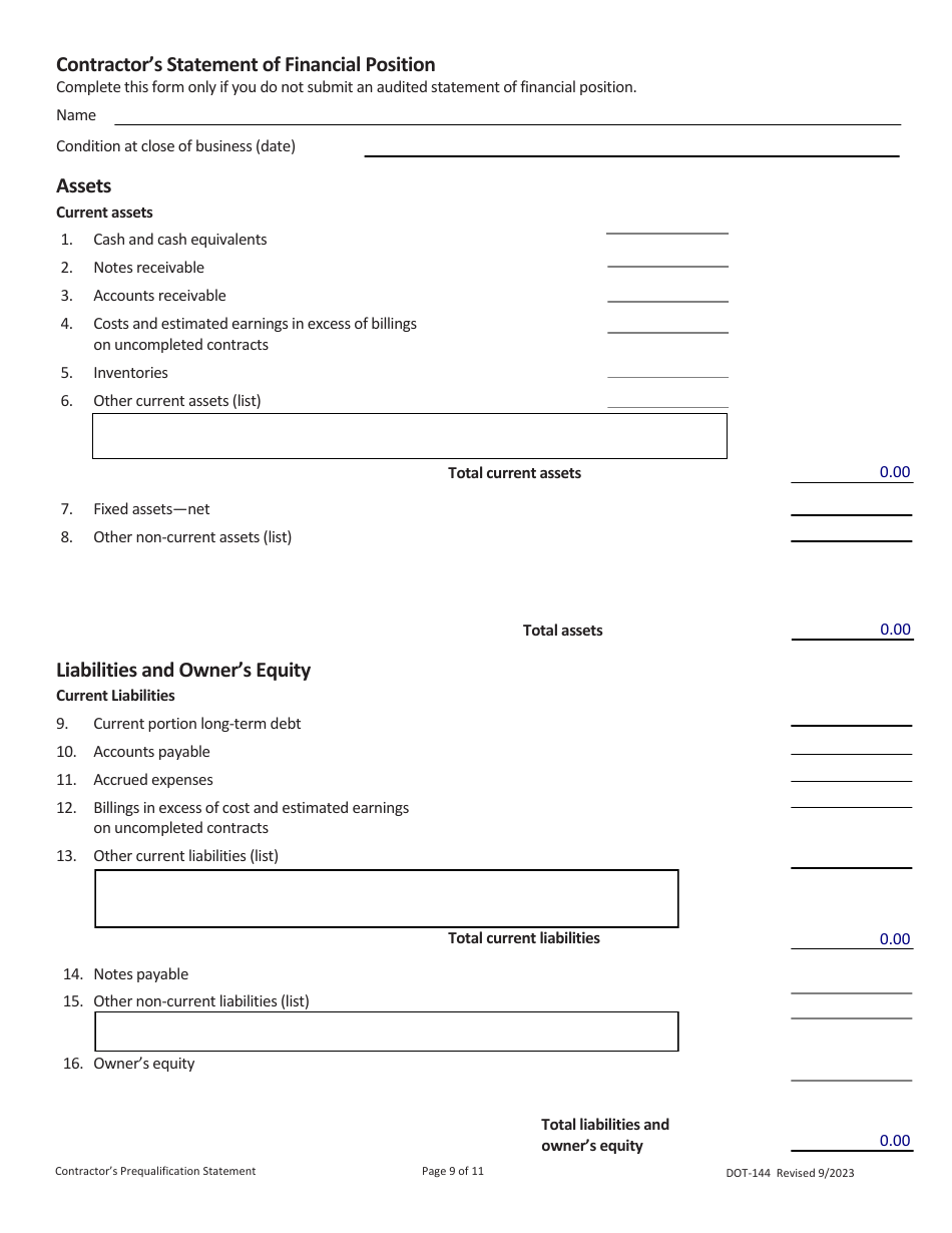 SD Form 0945 (DOT-144) Contractors Prequalification Statement - South Dakota, Page 9