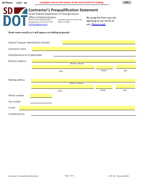 SD Form 0945 (DOT-144) Contractor's Prequalification Statement - South Dakota