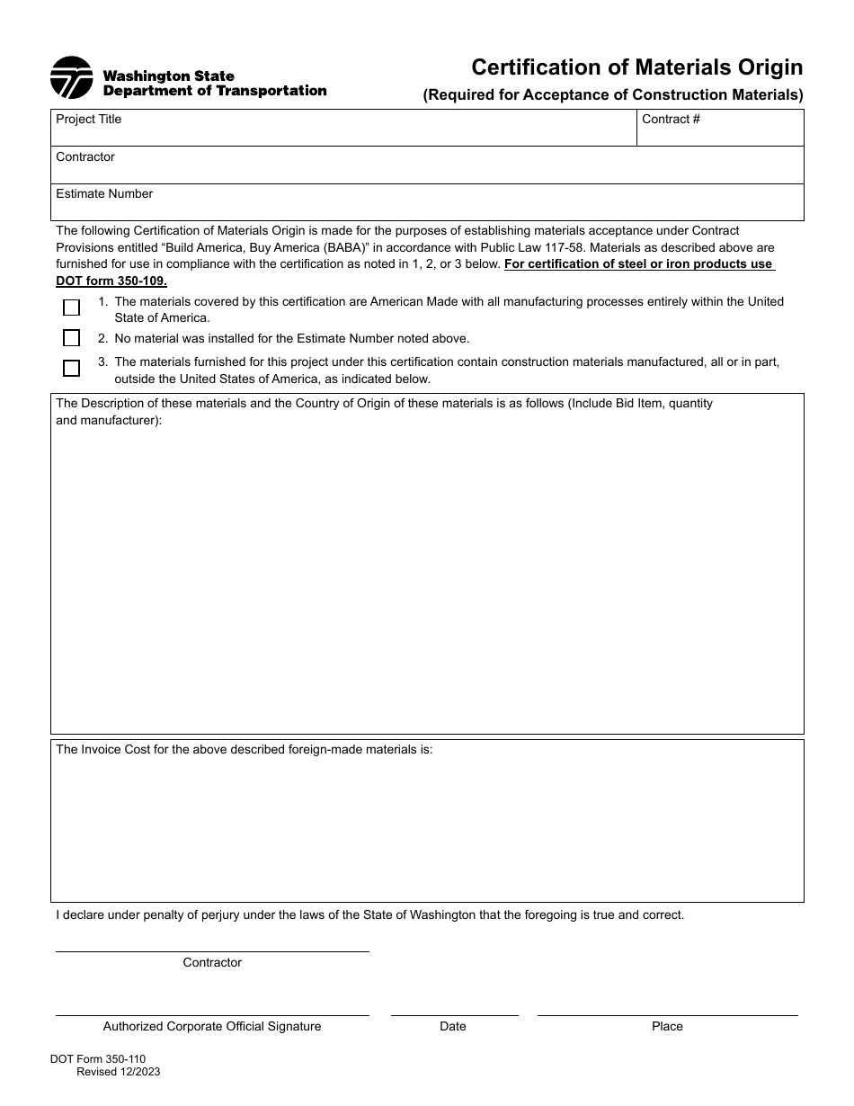 DOT Form 350-110 Certification of Materials Origin - Washington, Page 1