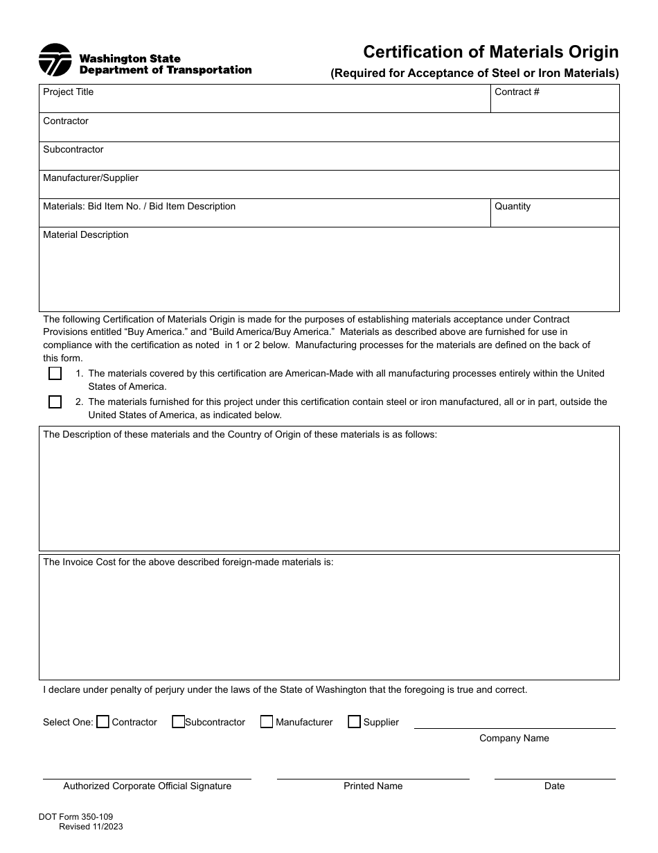 DOT Form 350-109 Certification of Materials Origin - Washington, Page 1