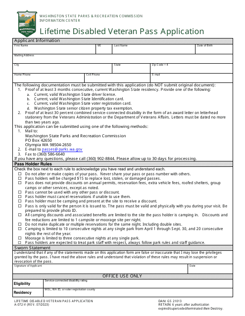 Form A-072-V Lifetime Disabled Veteran Pass Application - Washington