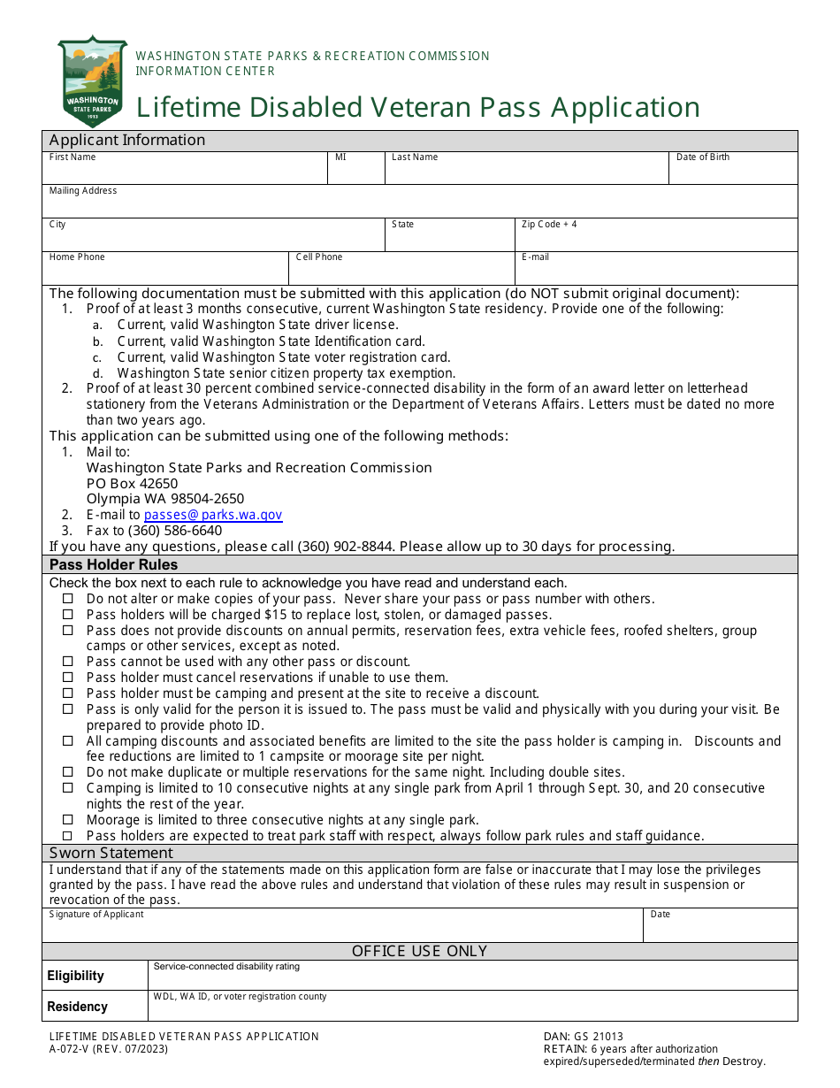 Form A-072-V Lifetime Disabled Veteran Pass Application - Washington, Page 1