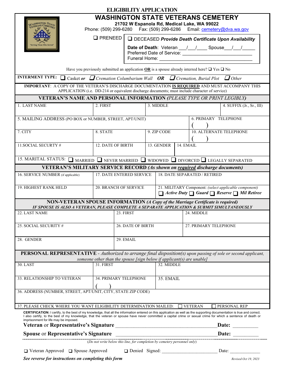 Washington State Veterans Cemetery Eligibility Application - Washington, Page 1