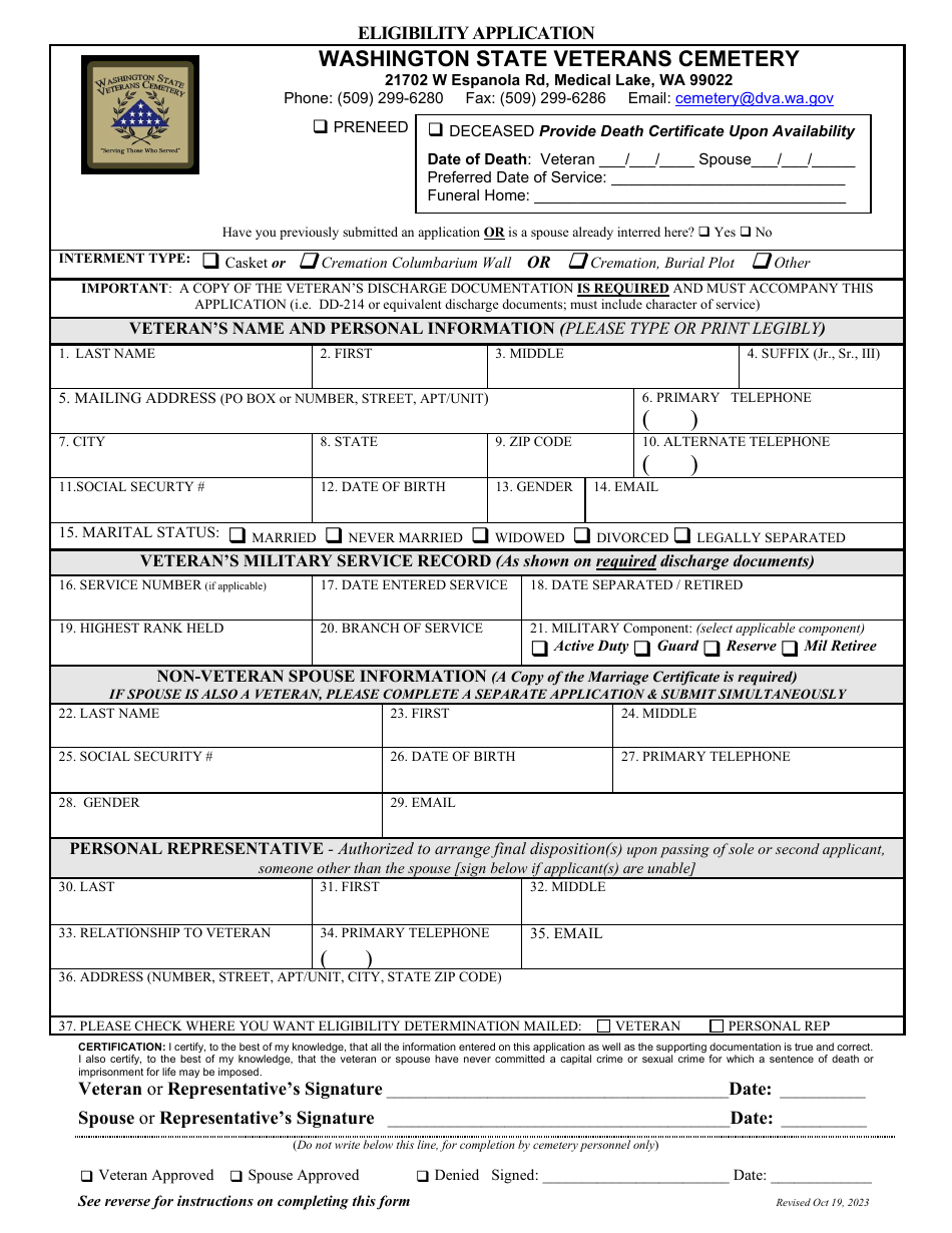 Washington Washington State Veterans Cemetery Eligibility Application ...