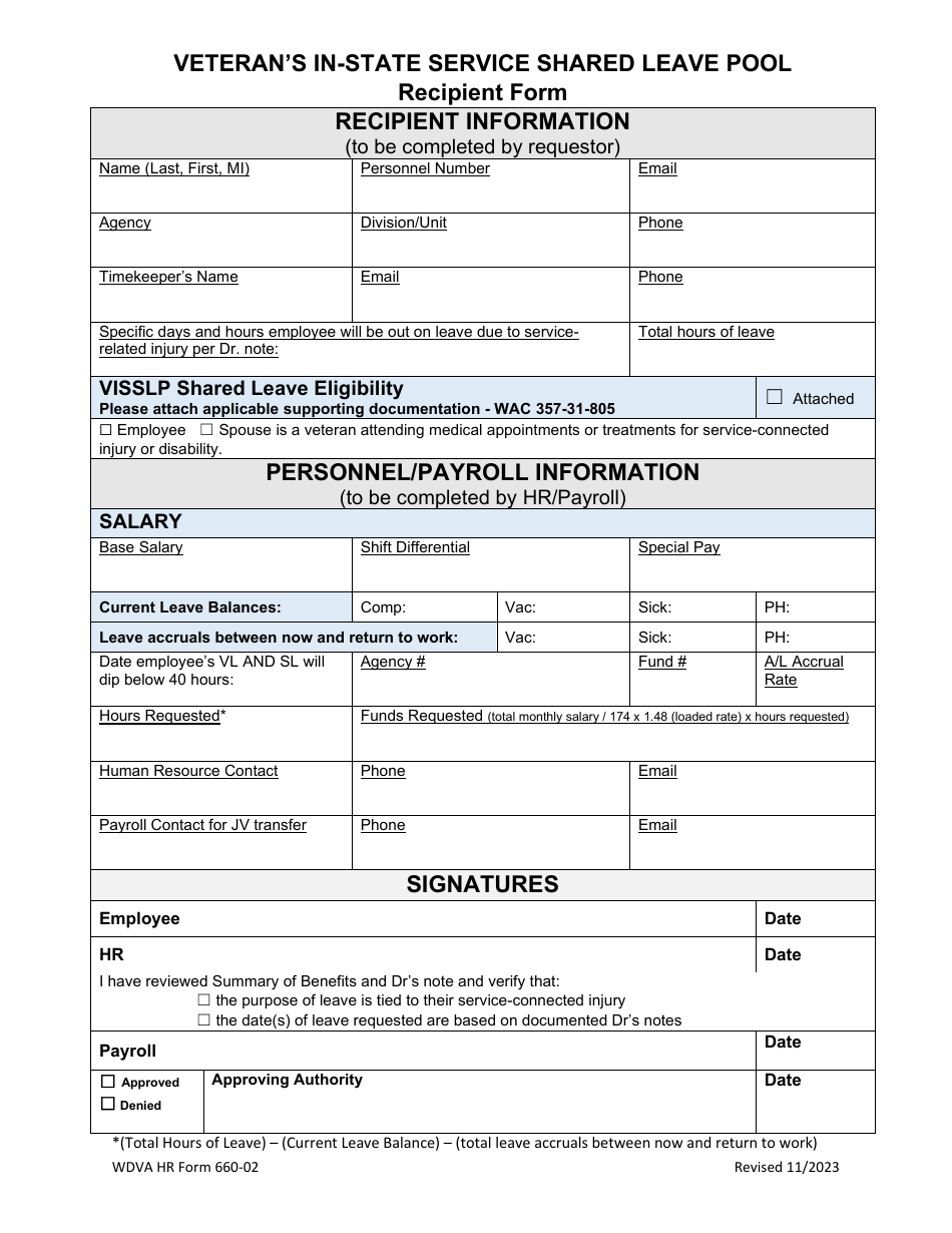 WDVA HR Form 660-02 Veterans in-State Service Shared Leave Pool Recipient Form - Washington, Page 1