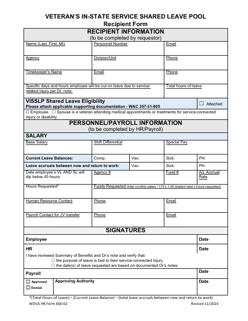 WDVA HR Form 660-02 Veteran's in-State Service Shared Leave Pool Recipient Form - Washington