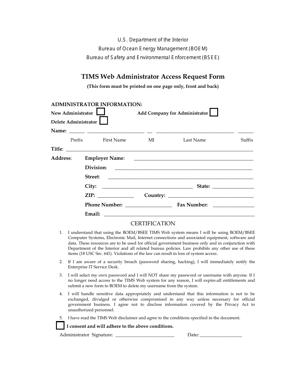 Tims Web Administrator Access Request Form, Page 1