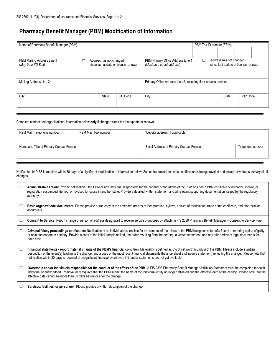 Form FIS2392 Pharmacy Benefit Manager (Pbm) Modification of Information - Michigan, Page 1