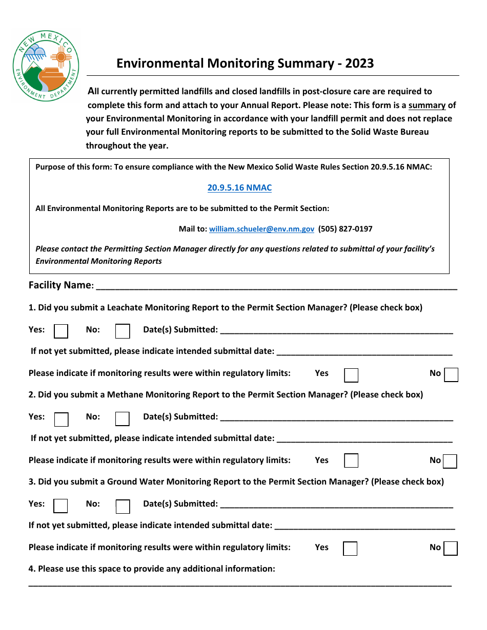 2023 New Mexico Environmental Monitoring Summary Download Fillable PDF