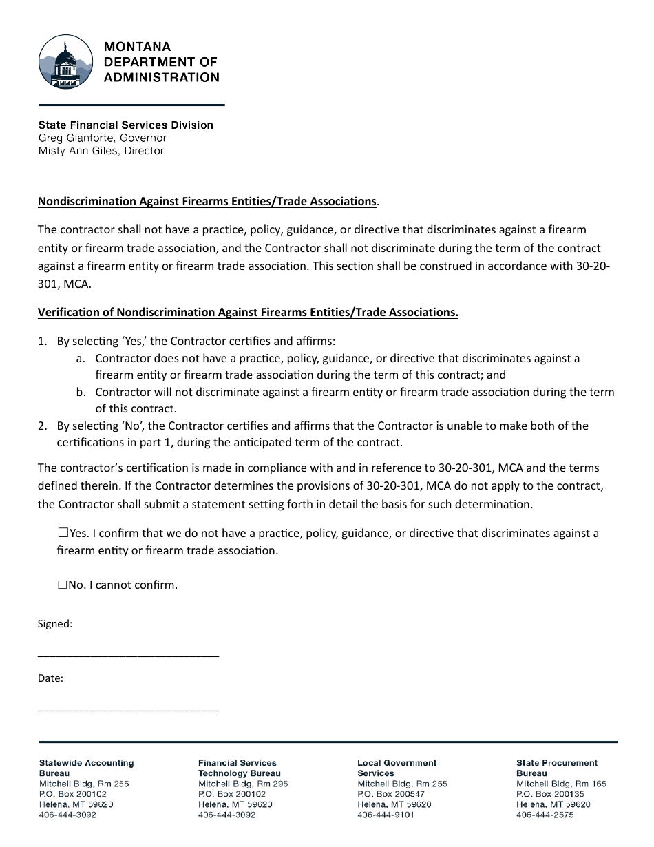 Nondiscrimination Against Firearms Entities / Trade Associations - Montana, Page 1