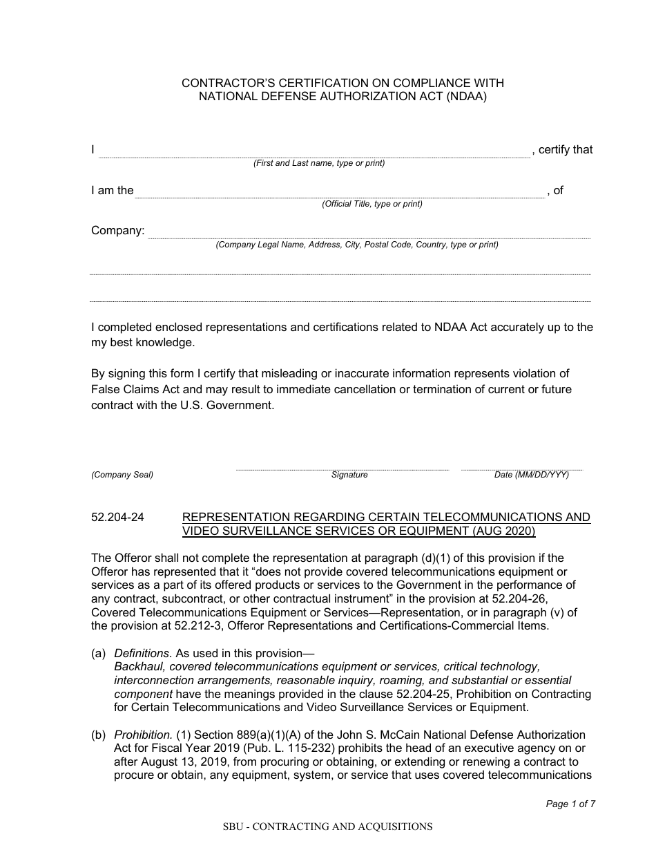 Contractors Certification on Compliance With National Defense Authorization Act (Ndaa), Page 1