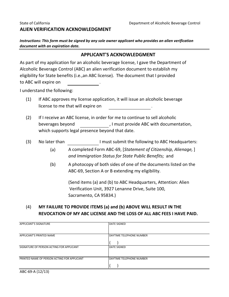 Form ABC-69-A Alien Verification Acknowledgment - California, Page 1