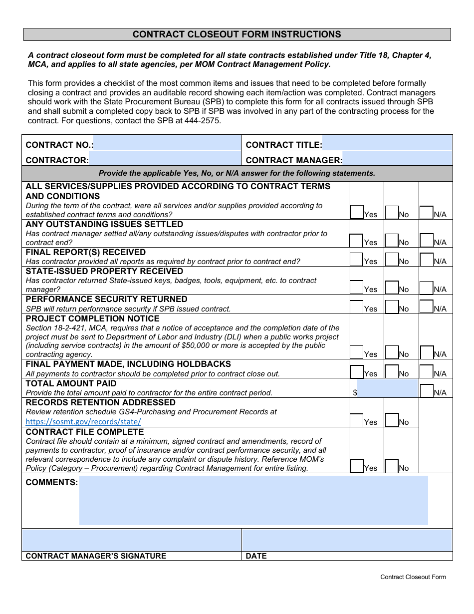 Montana Contract Closeout Form Fill Out Sign Online and Download PDF