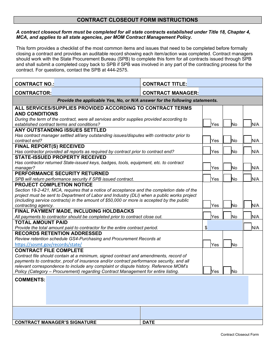Contract Closeout Form - Montana, Page 1
