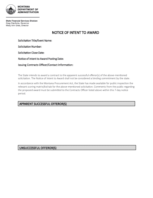 Notice of Intent to Award - Montana Download Pdf
