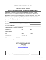 Document preview: Form AD2:07 Authorization to Conduct Criminal Background Check and Investigation - Court Interpreter Program - Nebraska
