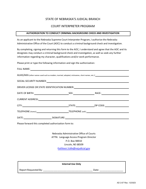 Form AD2:07 Authorization to Conduct Criminal Background Check and Investigation - Court Interpreter Program - Nebraska