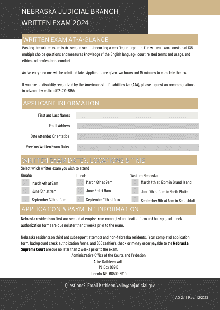 Form AD2:11 Interpreter Written Exam Registration With Authorization to Conduct Criminal Background Check Form - Nebraska, 2024