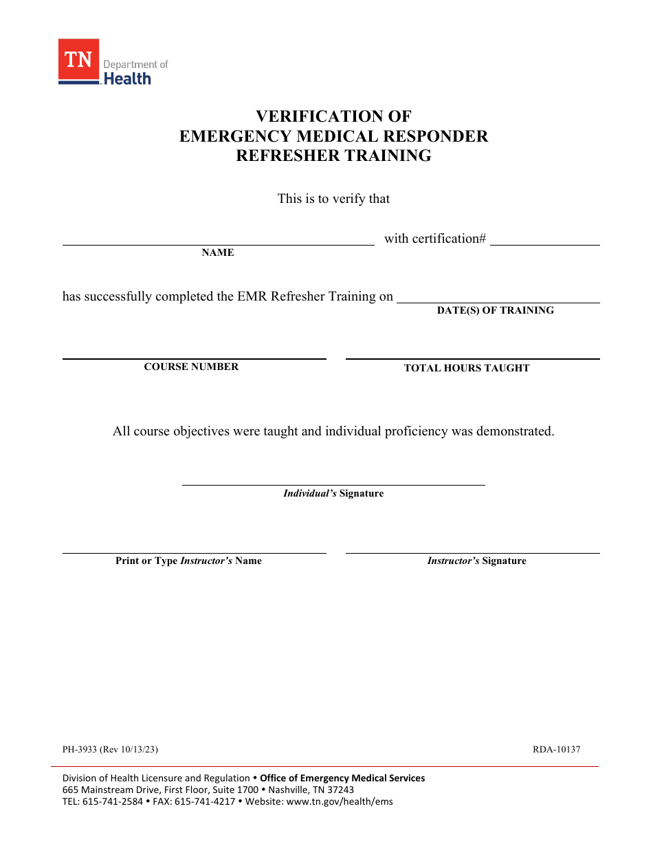 Form PH-3933 Verification of Emergency Medical Responder Refresher Training - Tennessee, Page 1