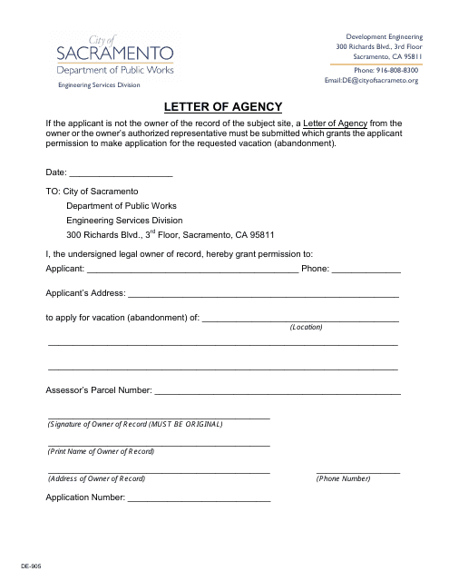 Form DE-905 Letter of Agency - City of Sacramento, California