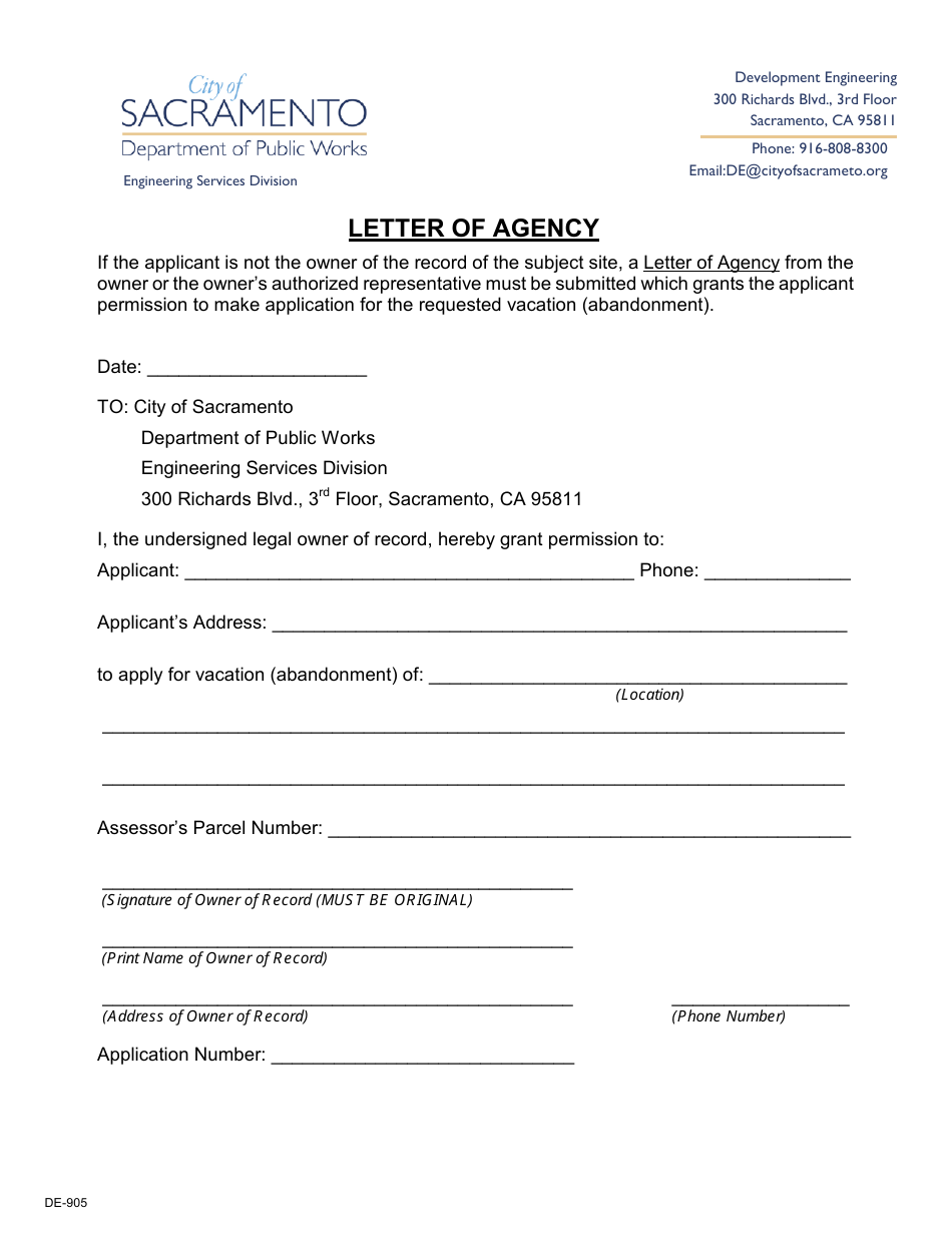 Form DE-905 Letter of Agency - City of Sacramento, California, Page 1
