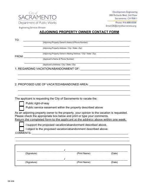 Form DE-906 Adjoining Property Owner Contact Form - City of Sacramento, California